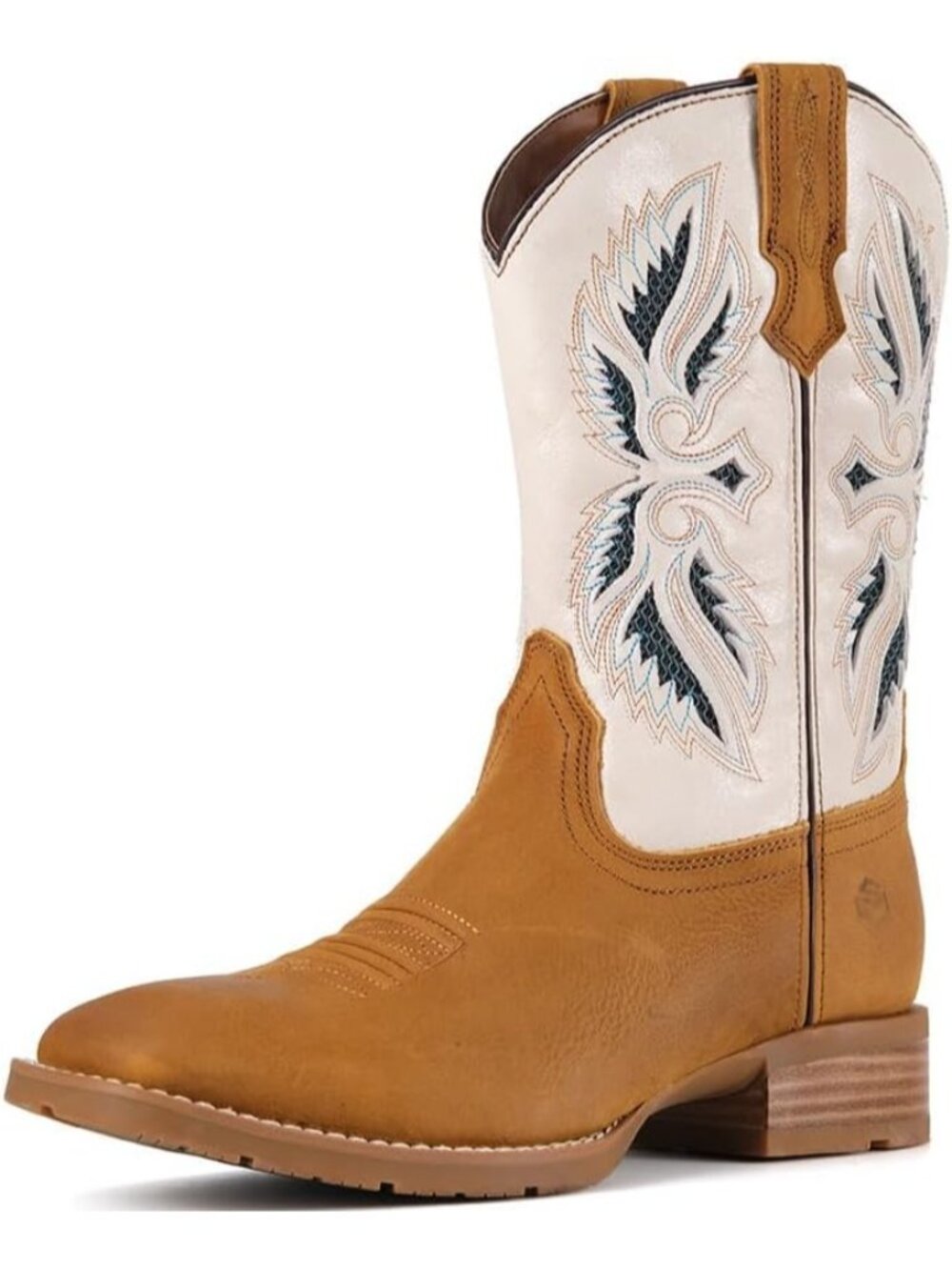 Men's Marbled Tan White Leather Mid-calf Square Toe Block Heel Cowboy Western B